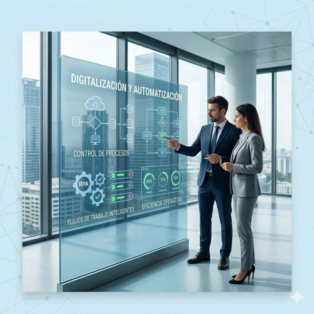 Consultores de Omnix Global Solutions analizando un flujo de automatización de procesos empresariales y digitalización en una pantalla interactiva.