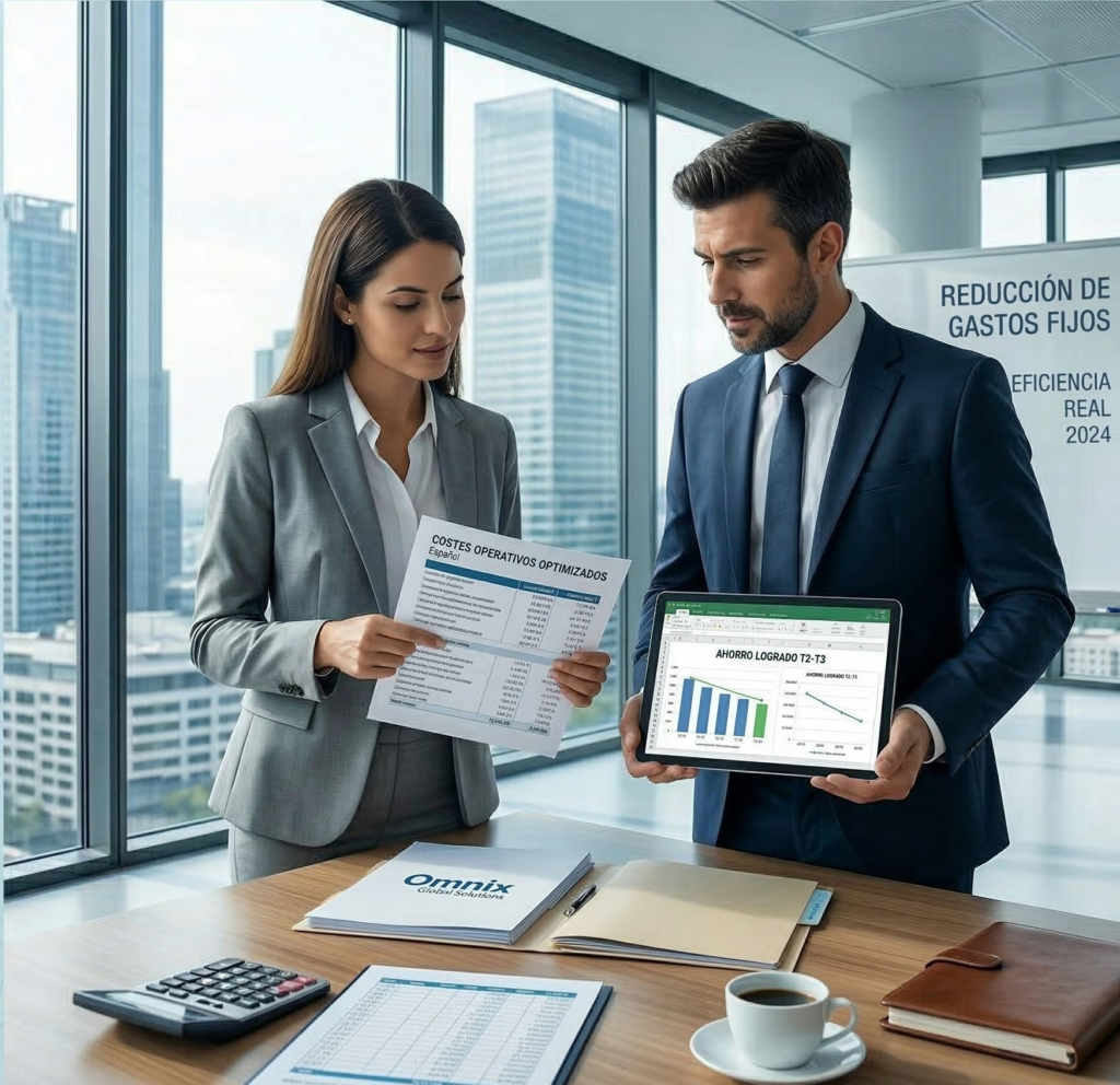 Consultores de Omnix Global Solutions analizando gráficos de reducción de costes y ahorro estratégico para empresas.