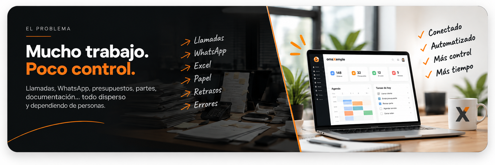 Mucho trabajo, poco control: llamadas, WhatsApp, Excel, papel, retrasos y errores frente a una operativa conectada, automatizada y con más control